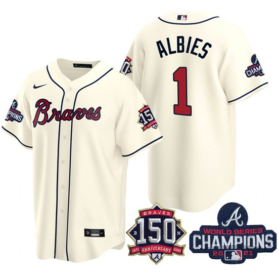 Men's Atlanta Braves #1 Ozzie Albies 2021 Cream World Series Champions With 150th Anniversary Patch Cool Base Stitched Jersey Men's Atlanta Braves #1 Ozzie Albies 2021 Cream World Series Champions With 150th Anniversary Patch Cool Base Stitched Jersey
